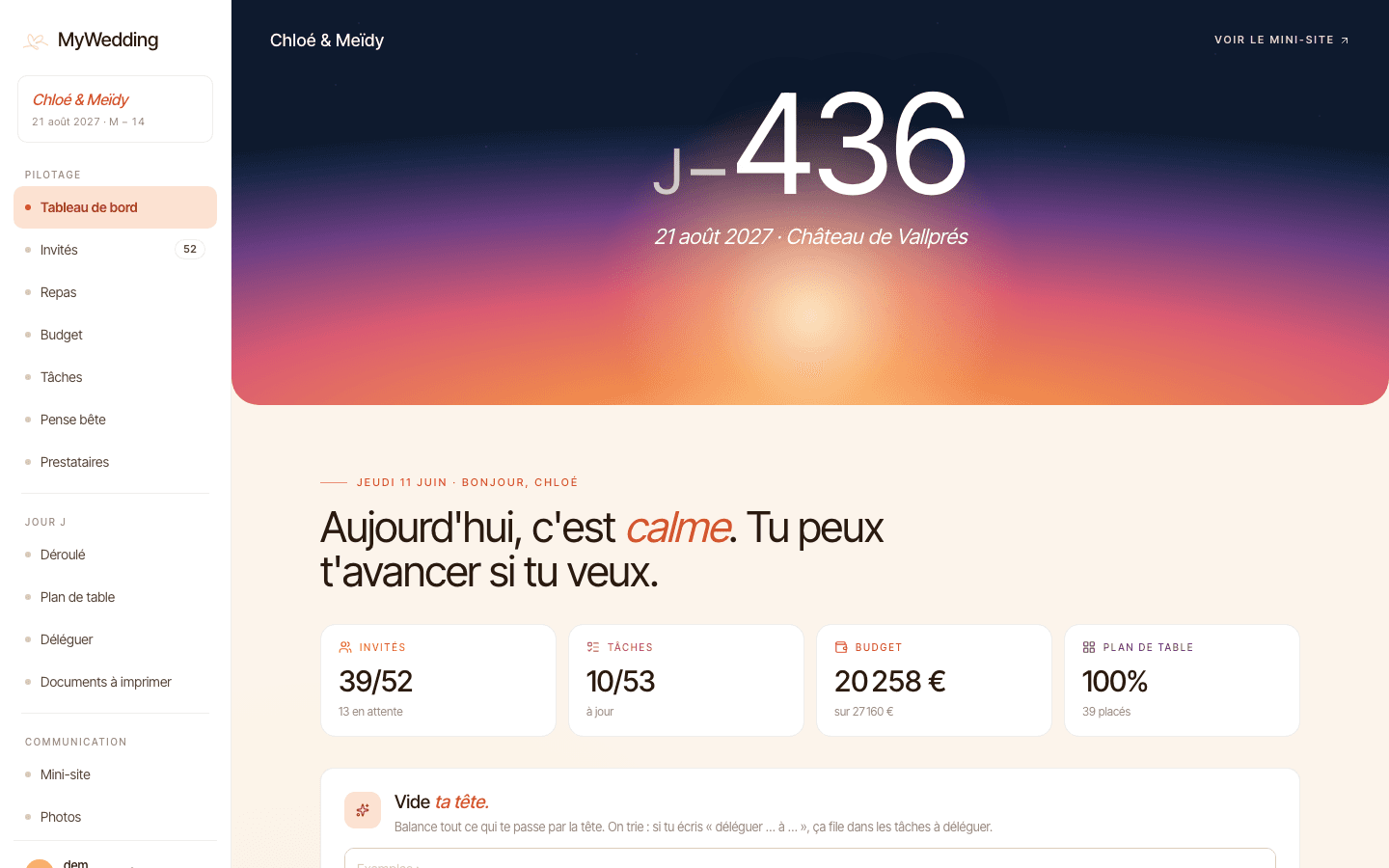 Tableau de bord d'un projet de mariage dans MyWedding Pro : compte à rebours, invités, tâches, budget et plan de table