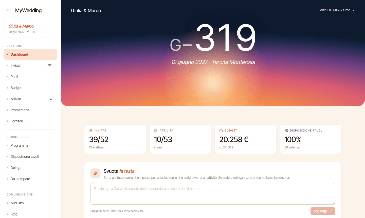 La dashboard di MyWedding Planner: conto alla rovescia, invitati, budget, attività e disposizione dei tavoli nello stesso posto.