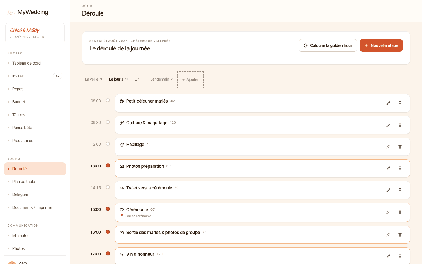 Déroulé et rétroplanning dans MyWedding Pro