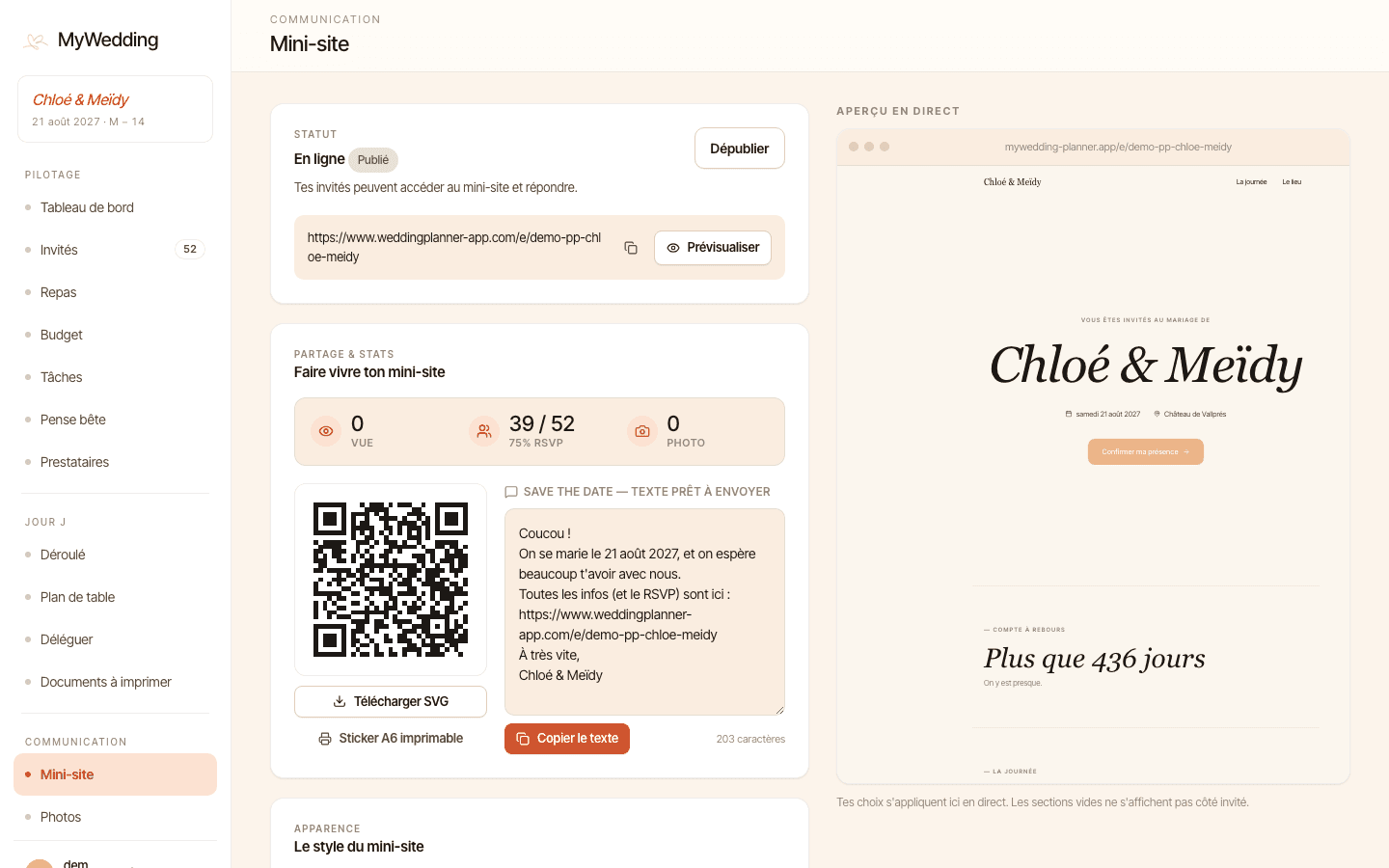 Mini-site des mariés dans MyWedding Pro