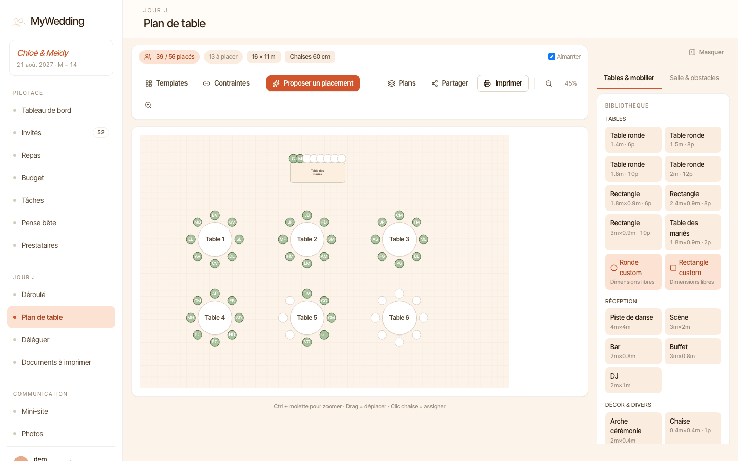Plan de table dans MyWedding Pro