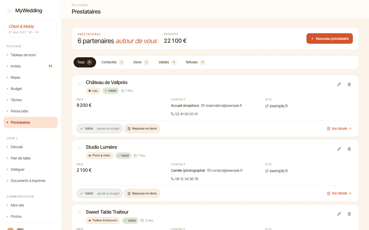 Prestataires dans MyWedding Pro