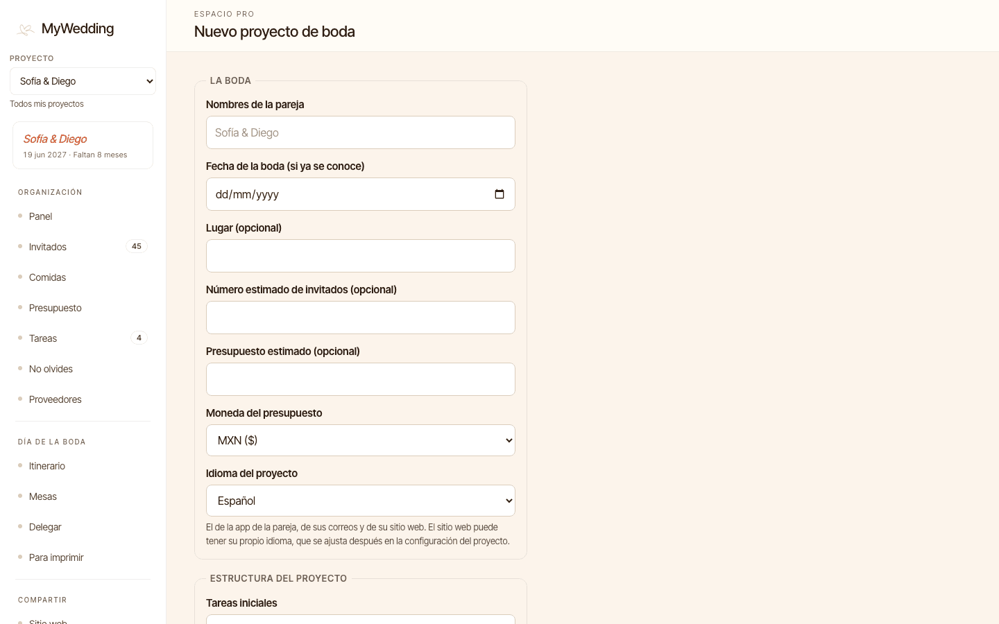 Creación de un nuevo proyecto de boda