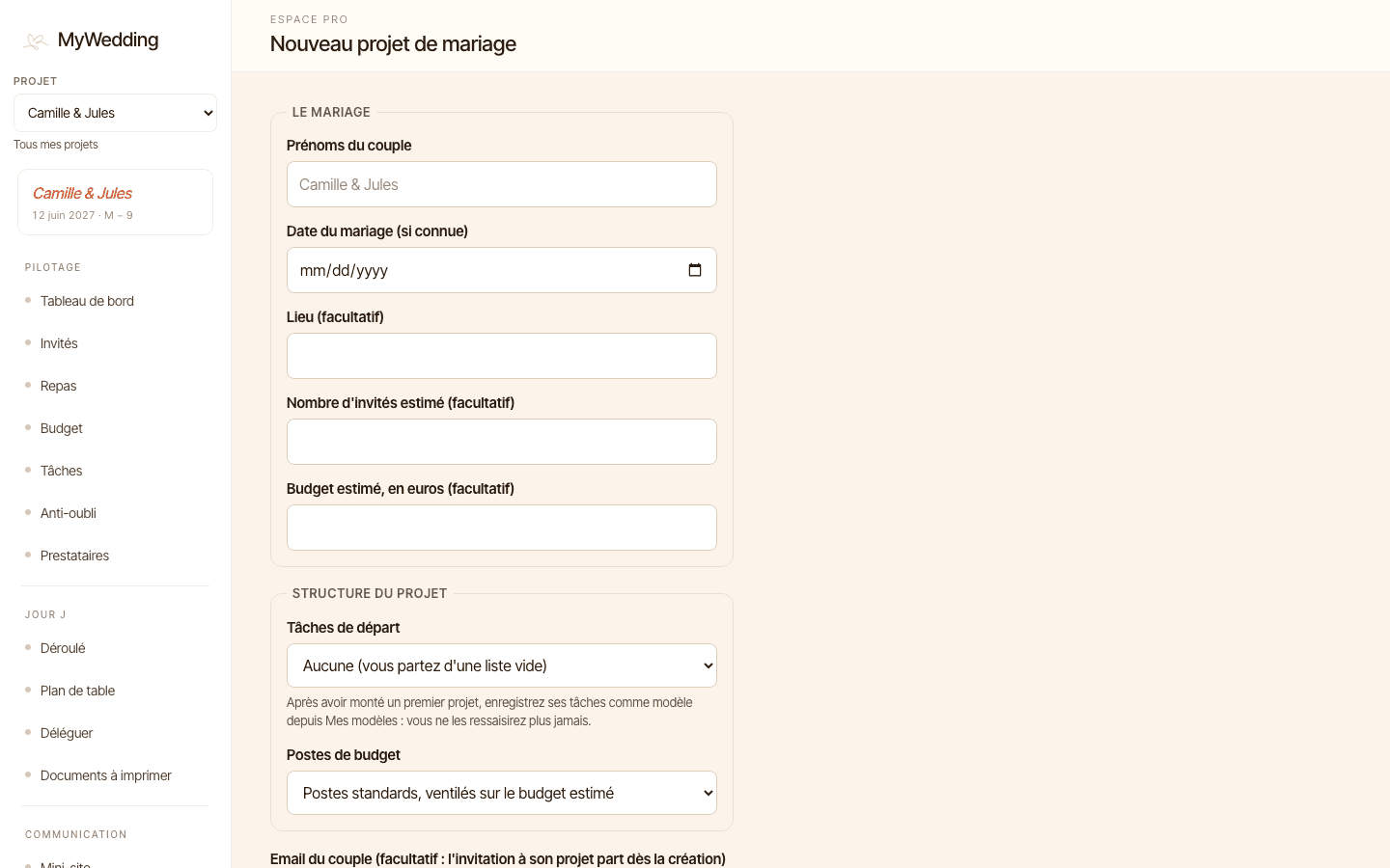 Création d'un nouveau projet de mariage