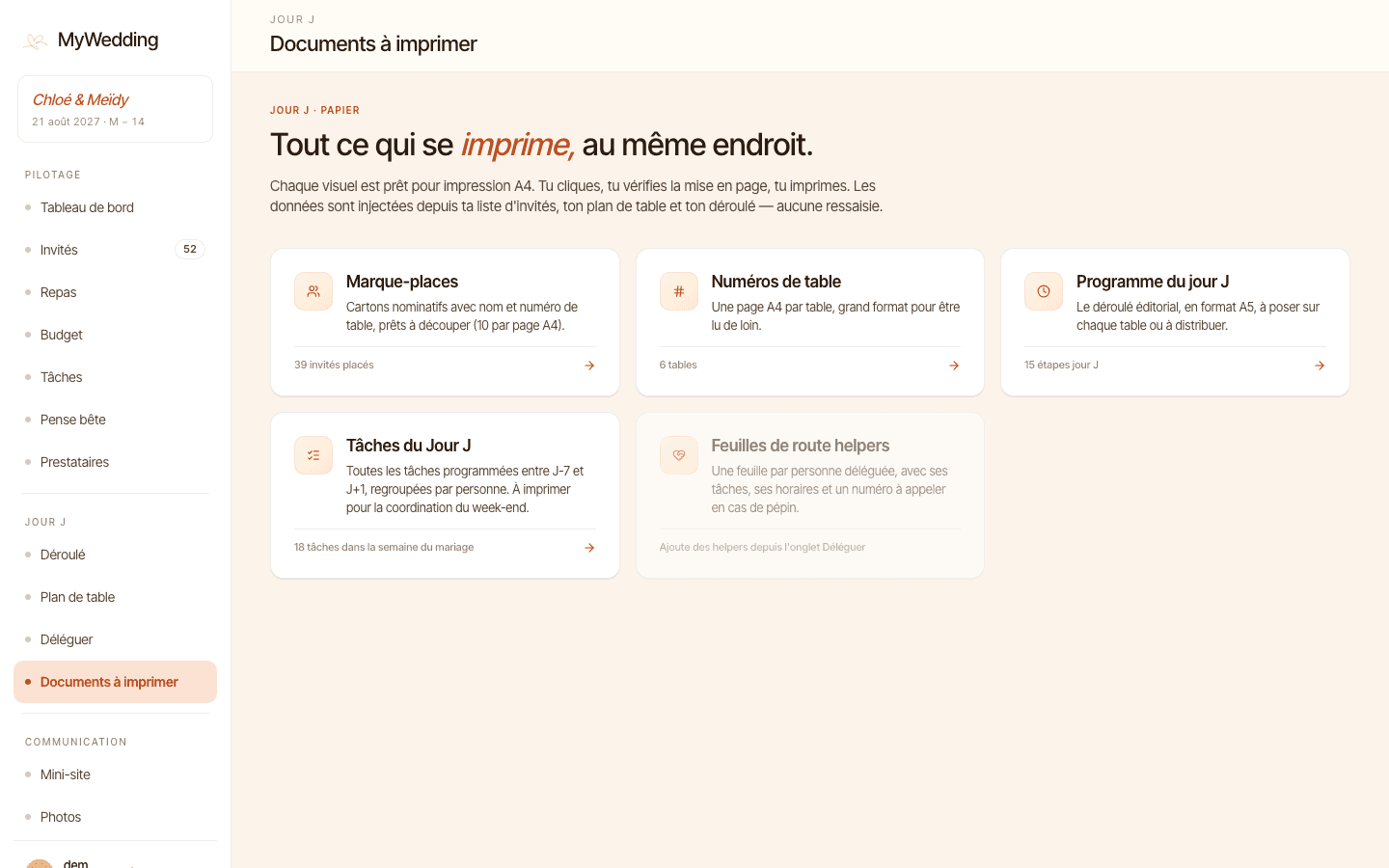 Documents de mariage à imprimer, déjà mis en forme