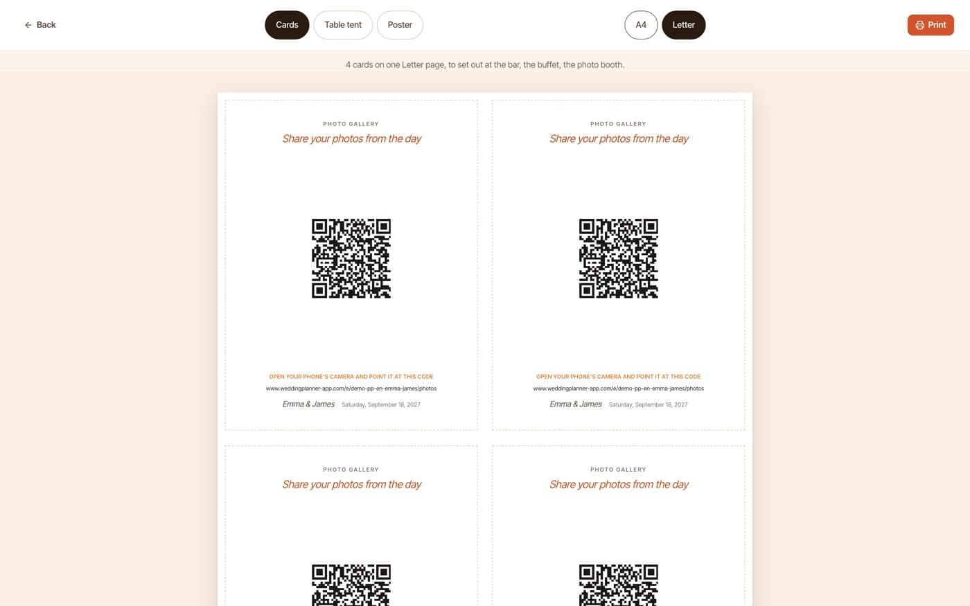 QR code cards reading “Share your photos from the day,” to set out on the tables.