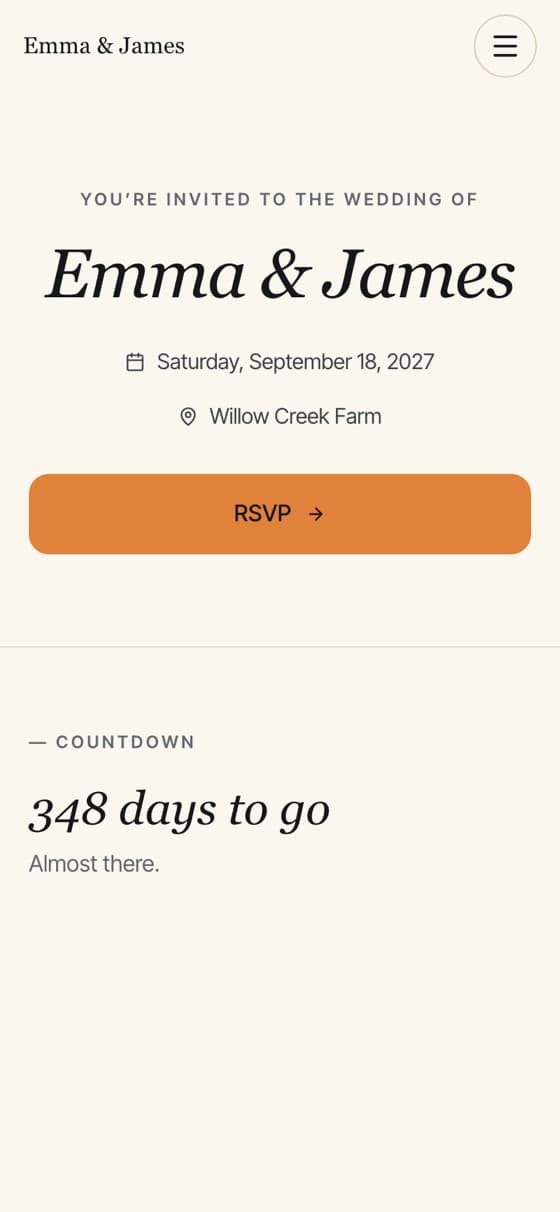 The wedding website on a phone, with the RSVP button.