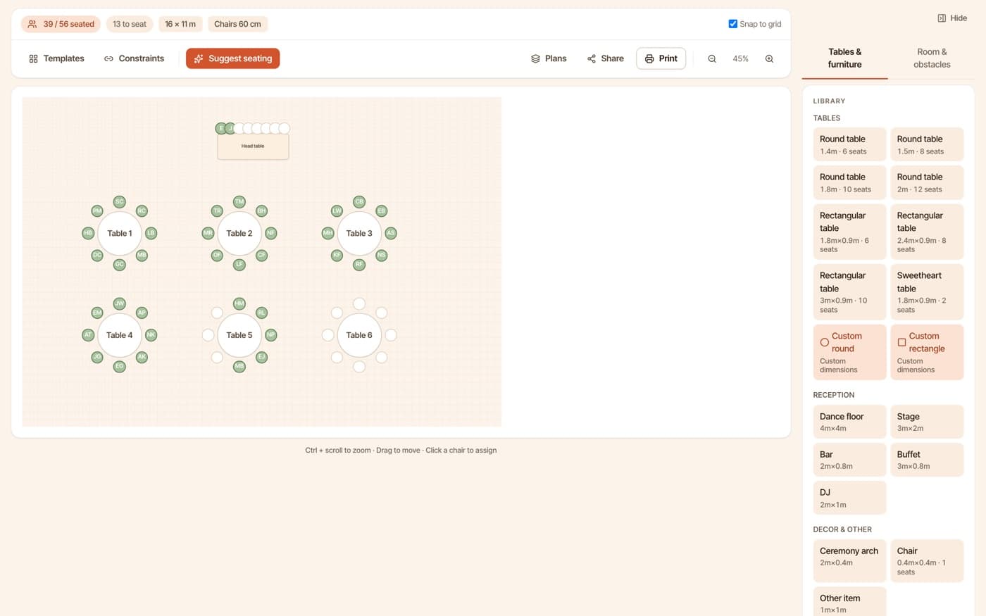 The seating chart: the room, the head table, ten round tables, and their seated guests.
