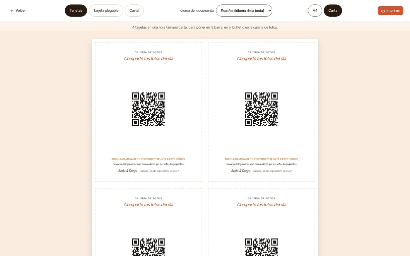 Las tarjetas con código QR “Comparte tus fotos del día”, para poner en las mesas.