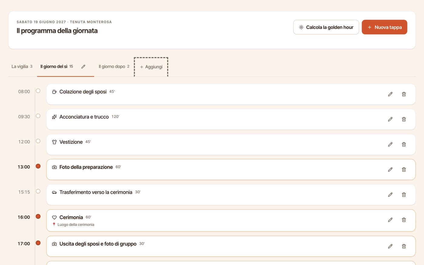 Programma e preparativi in MyWedding Pro